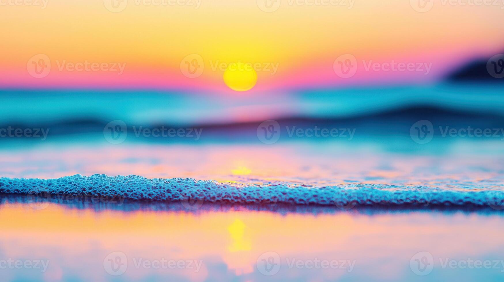 Serene Sunset Beach Scene Ocean Wave Foam Closeup with Vibrant Sky Colors photo