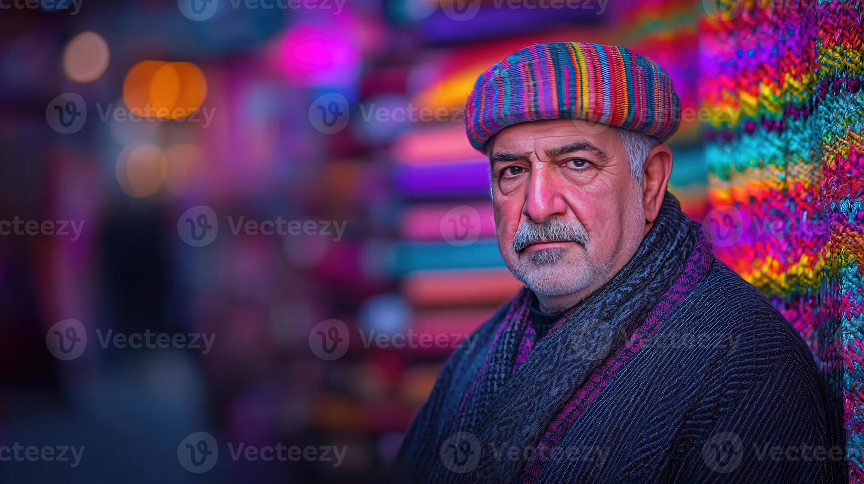 Mature Man in Colorful Knitted Hat Stands in Vibrant Fabric Market photo
