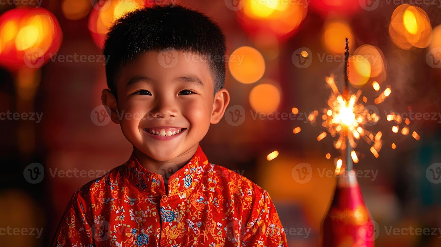 Happy Asian Boy in Festive Red Outfit Celebrating Chinese New Year with Sparkler photo