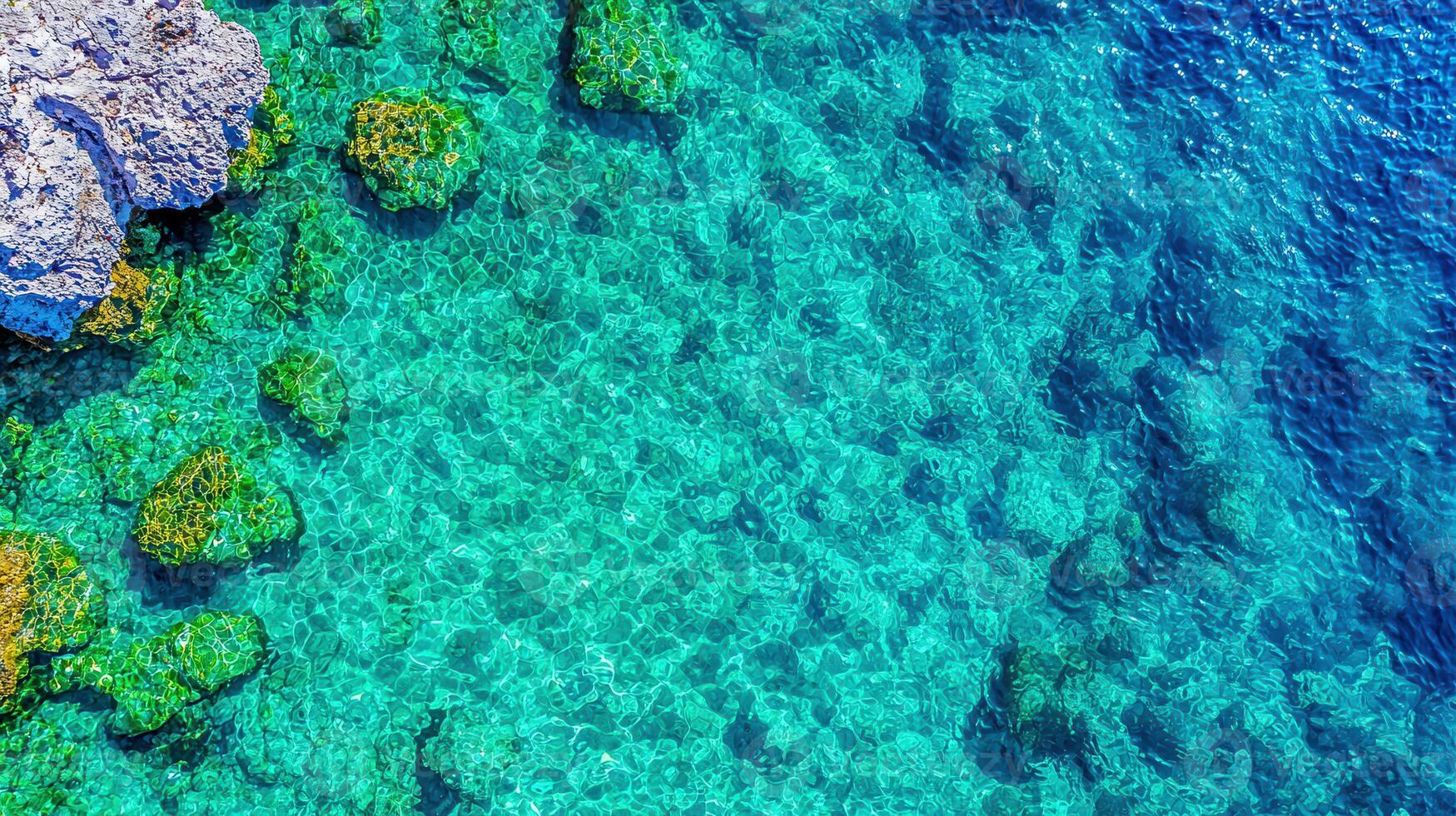 Stunning Aerial View of Crystal Clear Turquoise Ocean Water Over Rocky Seabed photo