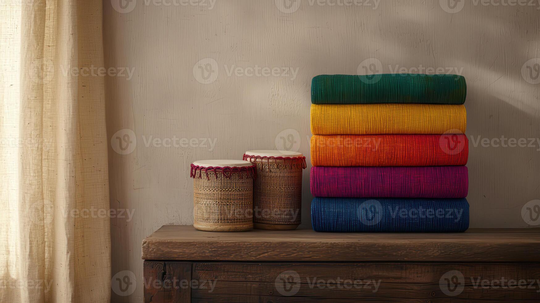 Stacked Colorful Fabric Bolts on Wooden Tabletop near Curtains Vibrant Rainbow Hues Textiles photo
