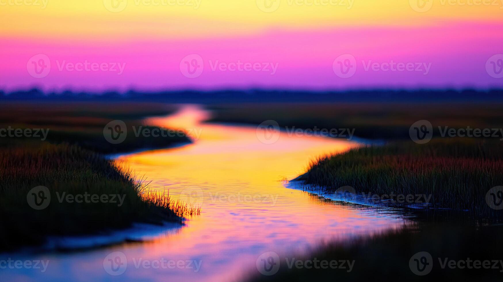 Serene Sunset Landscape Colorful Creek at Dusk with Vibrant Sky Reflection photo