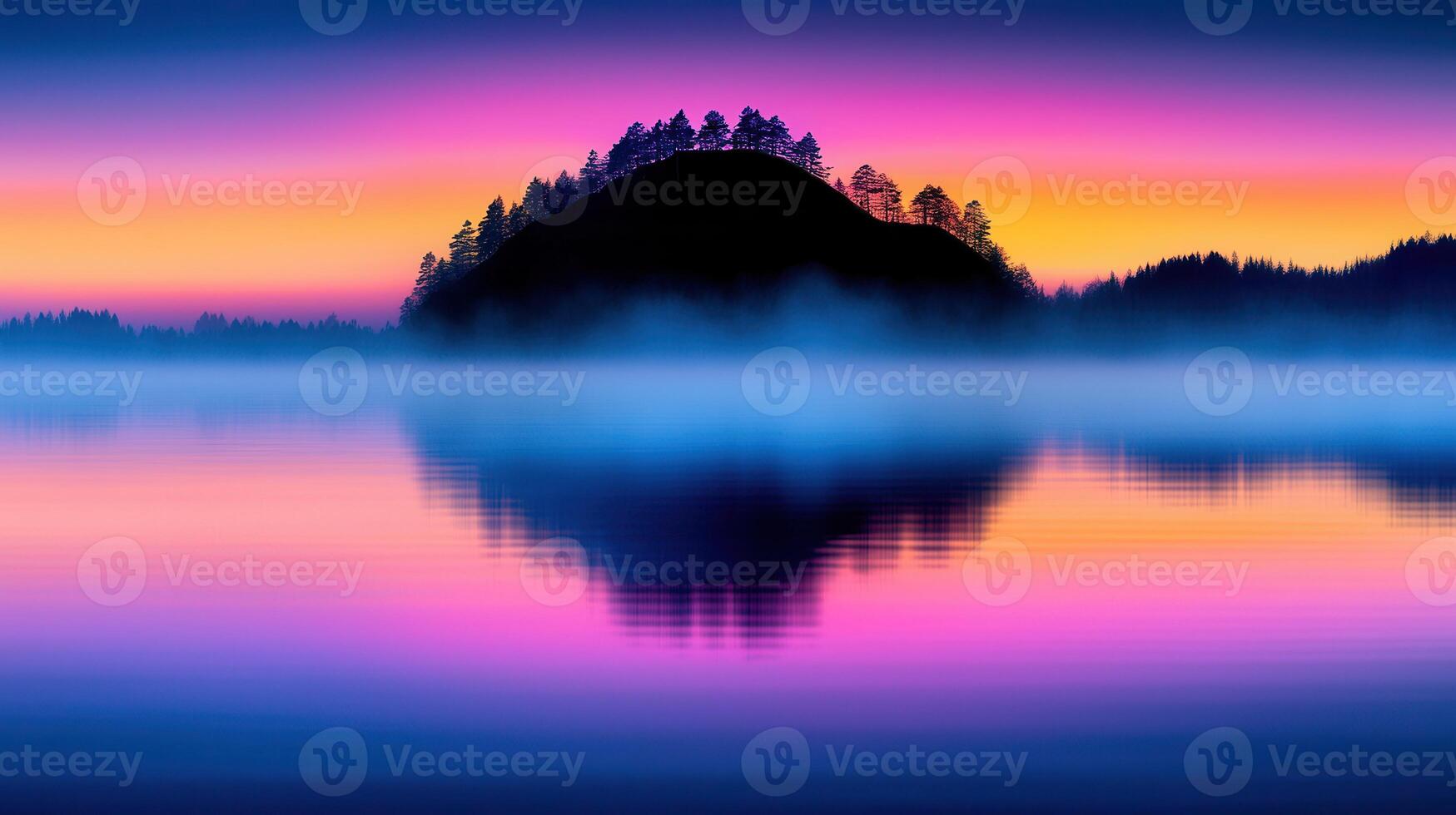 Serene Sunset over Misty Lake with Silhouette of Island and Trees A picturesque landscape photograph photo