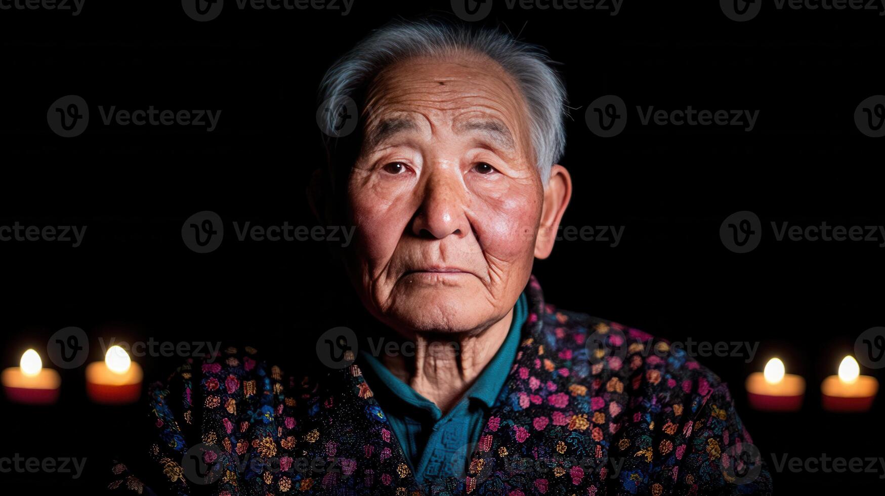Elderly Asian Man's Portrait Against Dark Background with Candles A thoughtful and serene image photo