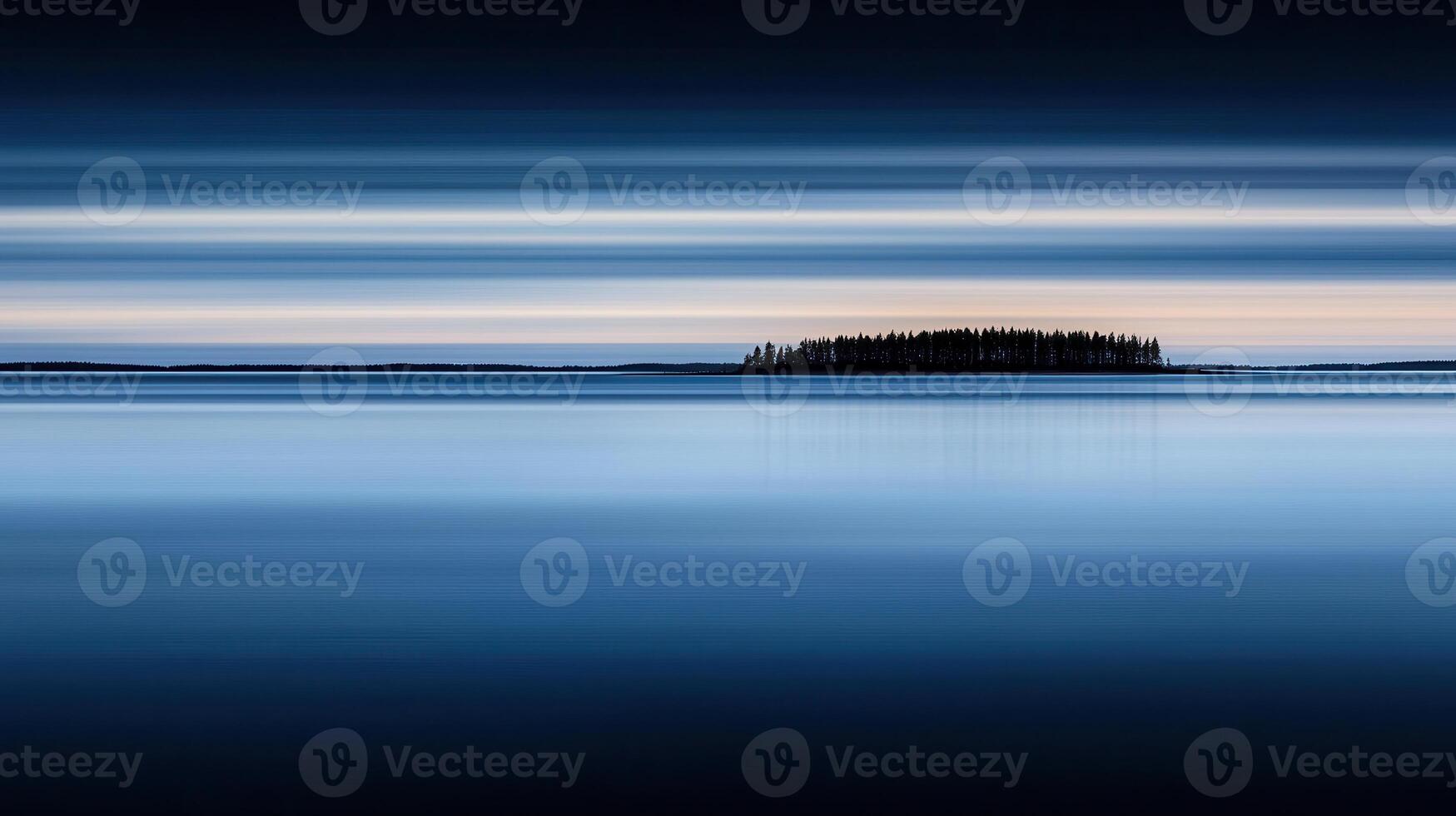 Serene Landscape Long Exposure Photo of a Tranquil Lake with Island and Trees at Dawn