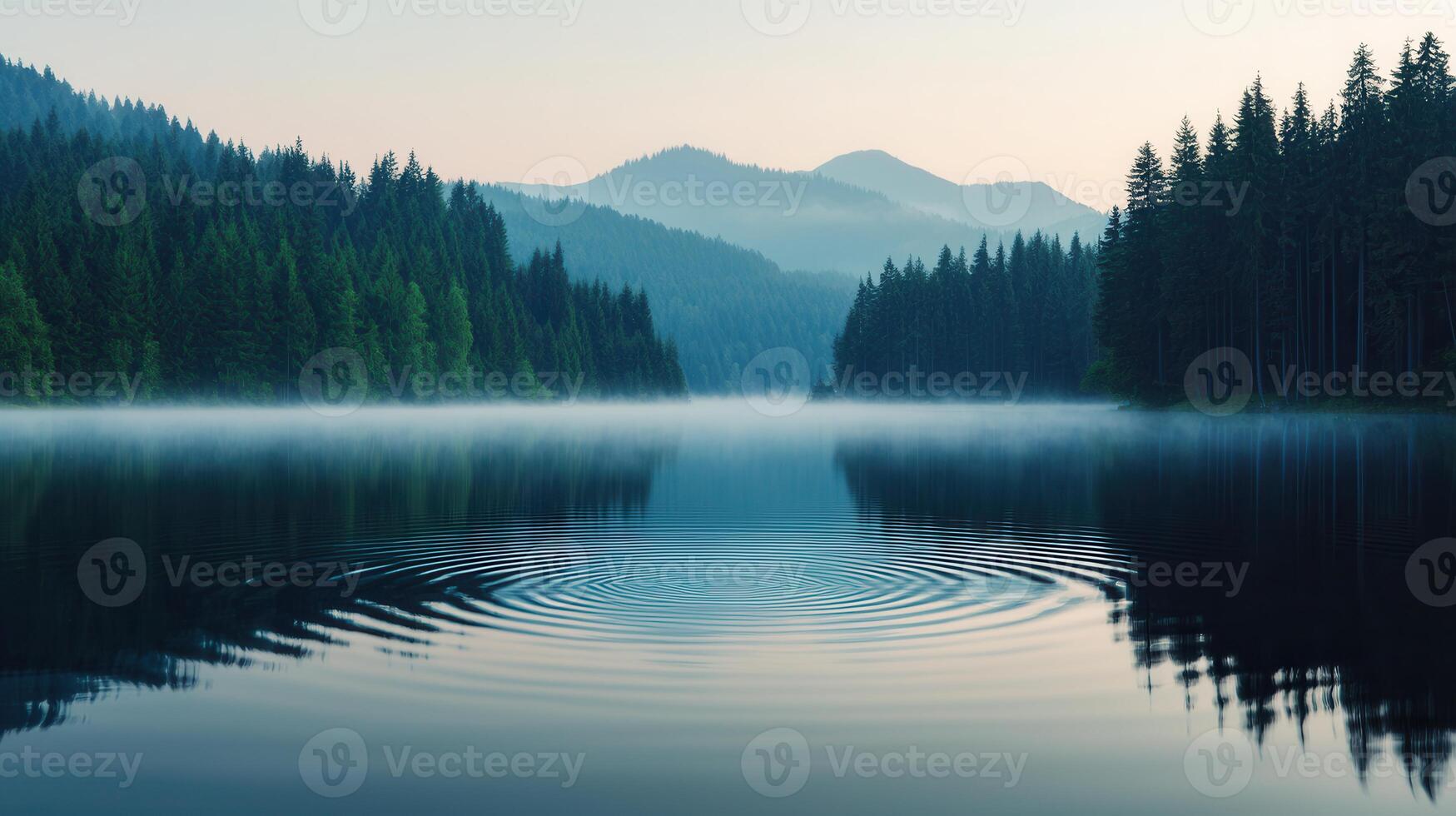 Serene mountain lake at dawn with misty fog and tranquil water ripples reflecting the surrounding evergreen forest photo
