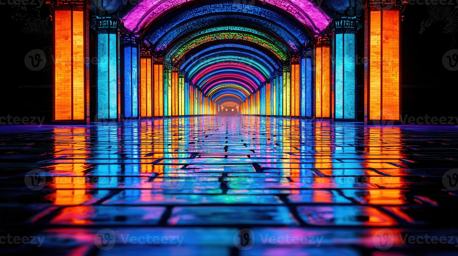 Vibrant Colorful Archway Tunnel Night Scene with Reflective Wet Pavement photo
