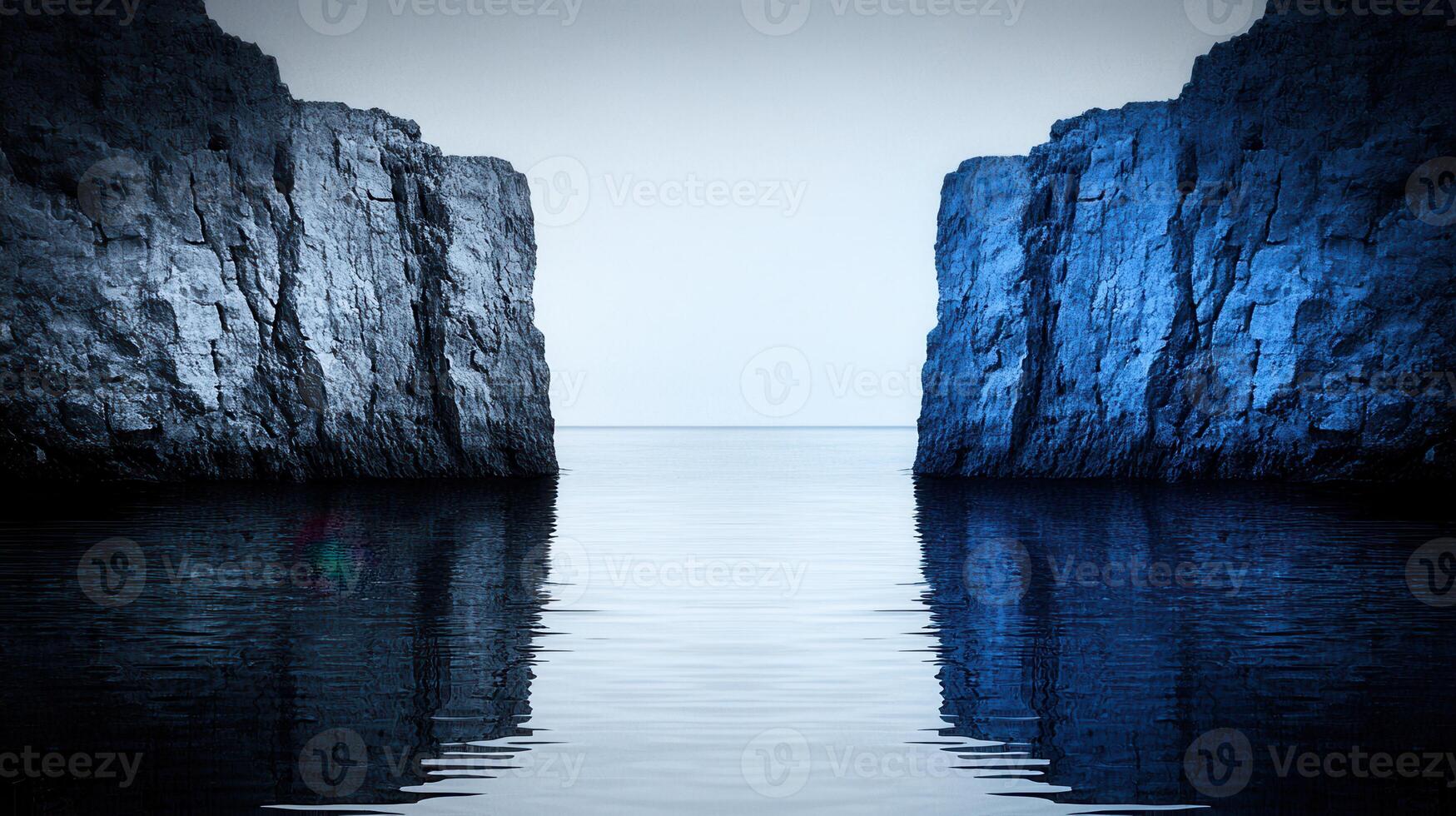 Serene Ocean Scene Two Majestic Cliffs Frame Calm Water Creating a Breathtaking Coastal View photo