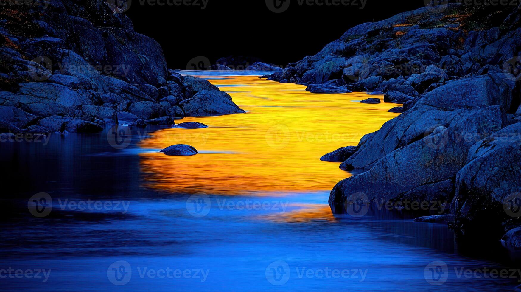 Golden Sunset Reflection on a Calm River Between Dark Blue Rocks A Stunning Nature Scene photo
