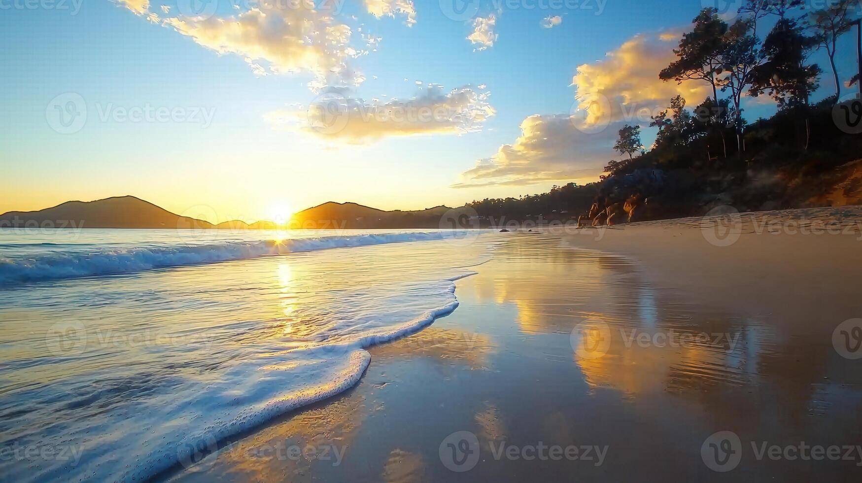 Serene Sunset Beach Scene Golden Hour Waves Gently Kissing Sandy Shore photo
