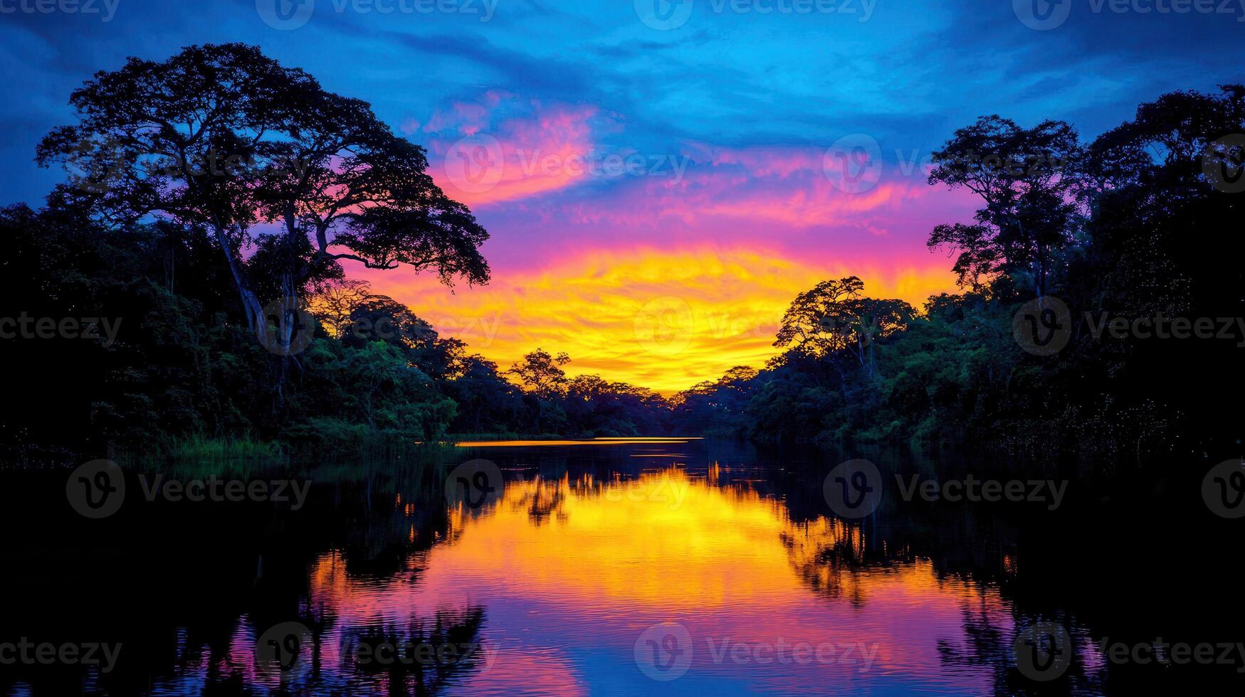 Vibrant Sunset over a Tropical River in Lush Rainforest Tranquil Water Reflects Colorful Sky photo