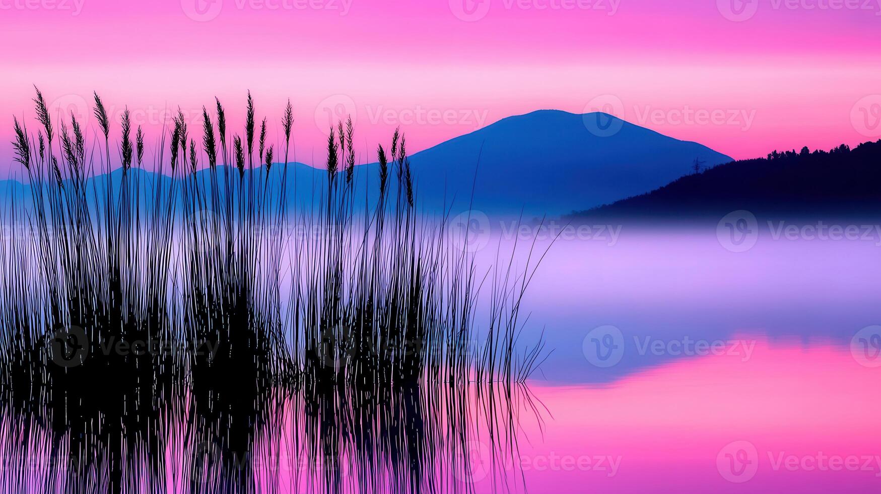 Serene Sunset Landscape Silhouetted Reeds Reflecting on Calm Lake Waters at Dusk with Misty Mountains in Background photo