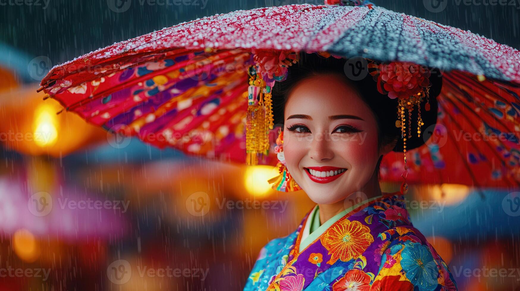 Happy Asian Woman in Colorful Kimono Smiles Under a Rain Soaked Japanese Umbrella photo