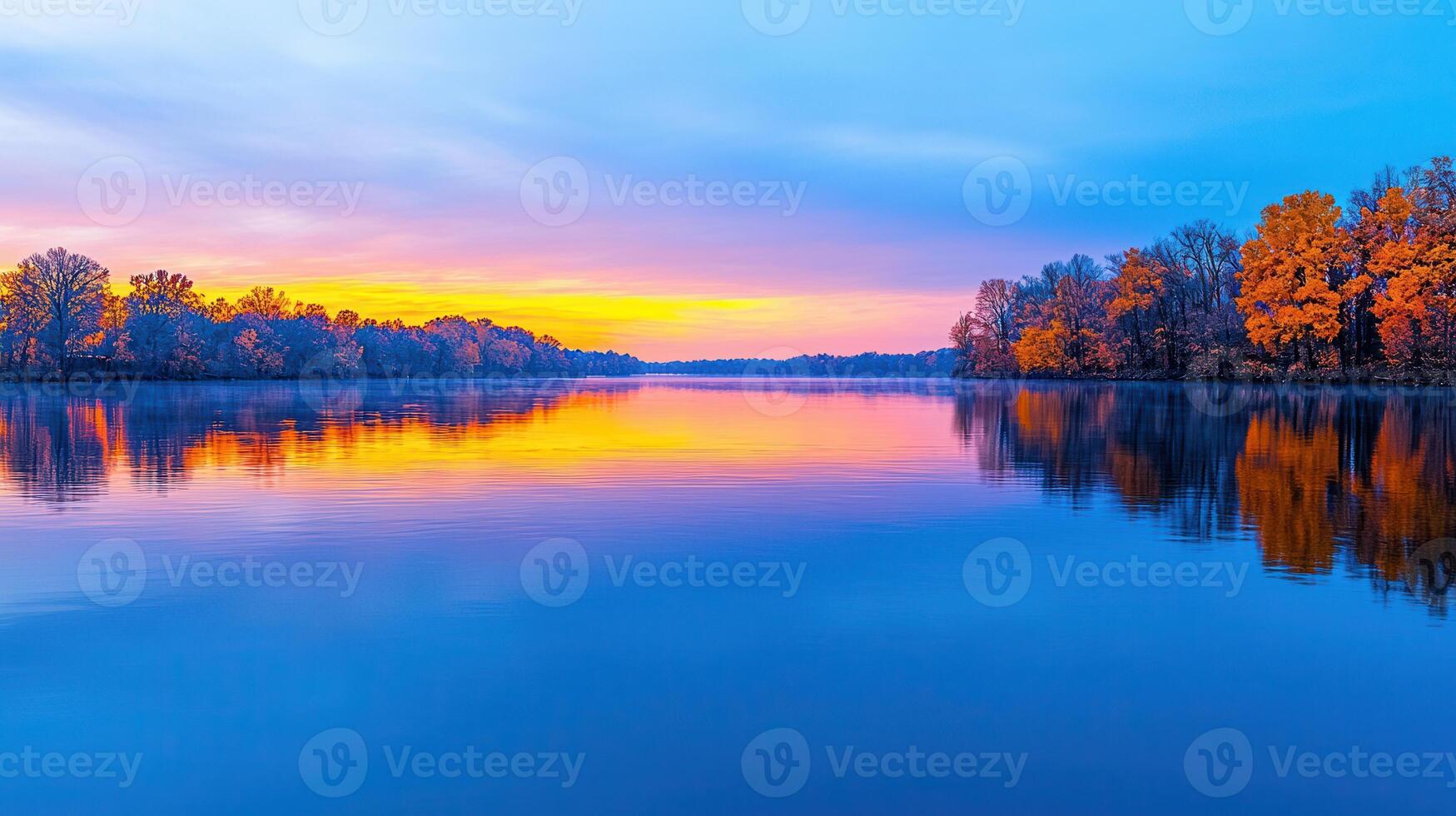 Serene Autumn Sunrise over Calm Lake with Colorful Trees Reflected in Water photo