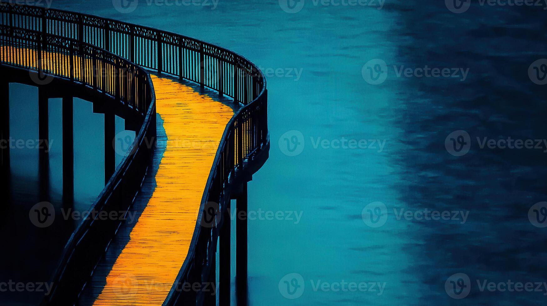 Serene Yellow Walkway Over Teal Water A Stunning Coastal Wooden Bridge Path photo