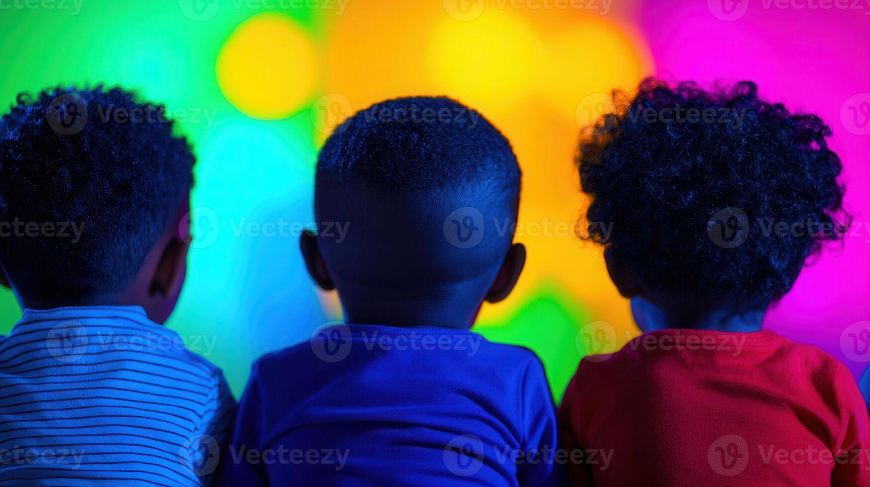 Three young children of African descent seated together watching a vibrant colorful display photo