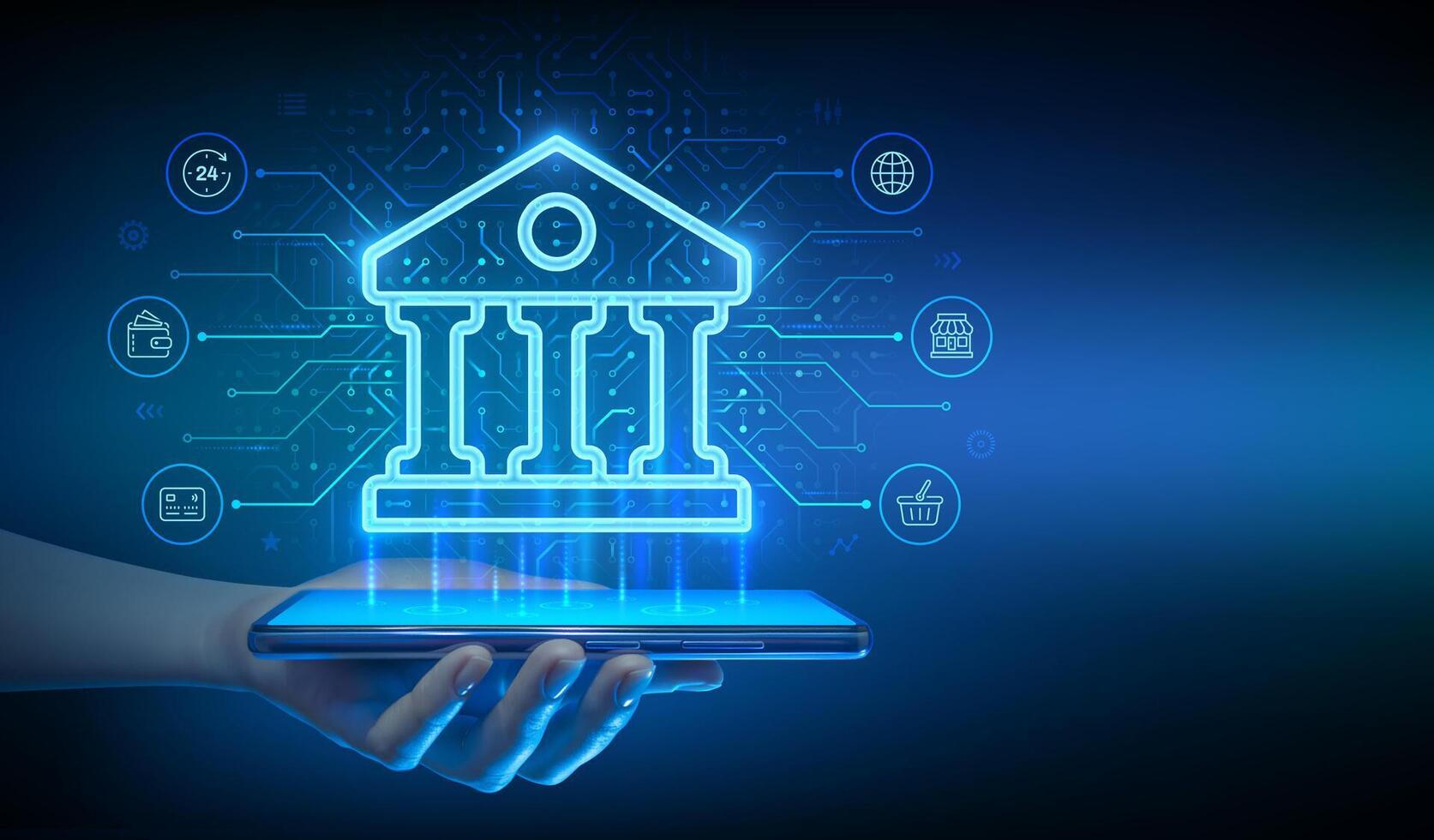 Banking service. Using a online banking application on smartphone. Finance and banking global internet connection. Financial transaction. API Fintech. Circuit board background. vector