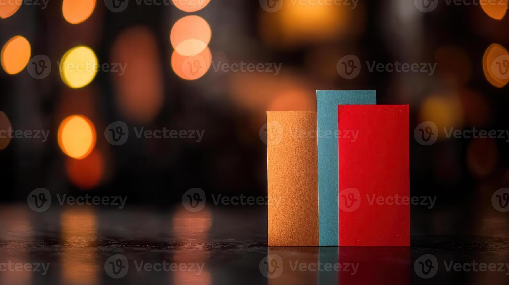 Three Colorful Vertical Rectangles on Dark Reflective Surface with Bokeh Lights Background photo