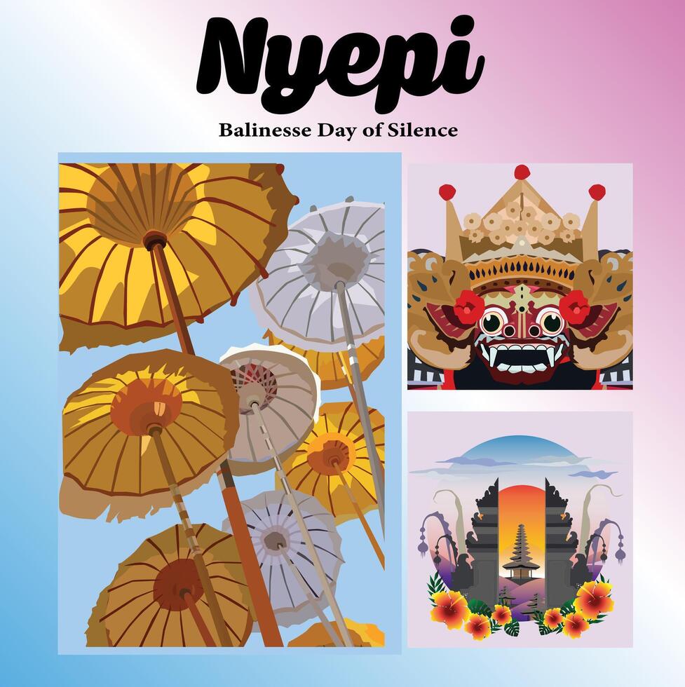 umbrella, barong, gate, hindu temple, characteristic of the celebration of the Hindu Nyepi holiday in Bali vector