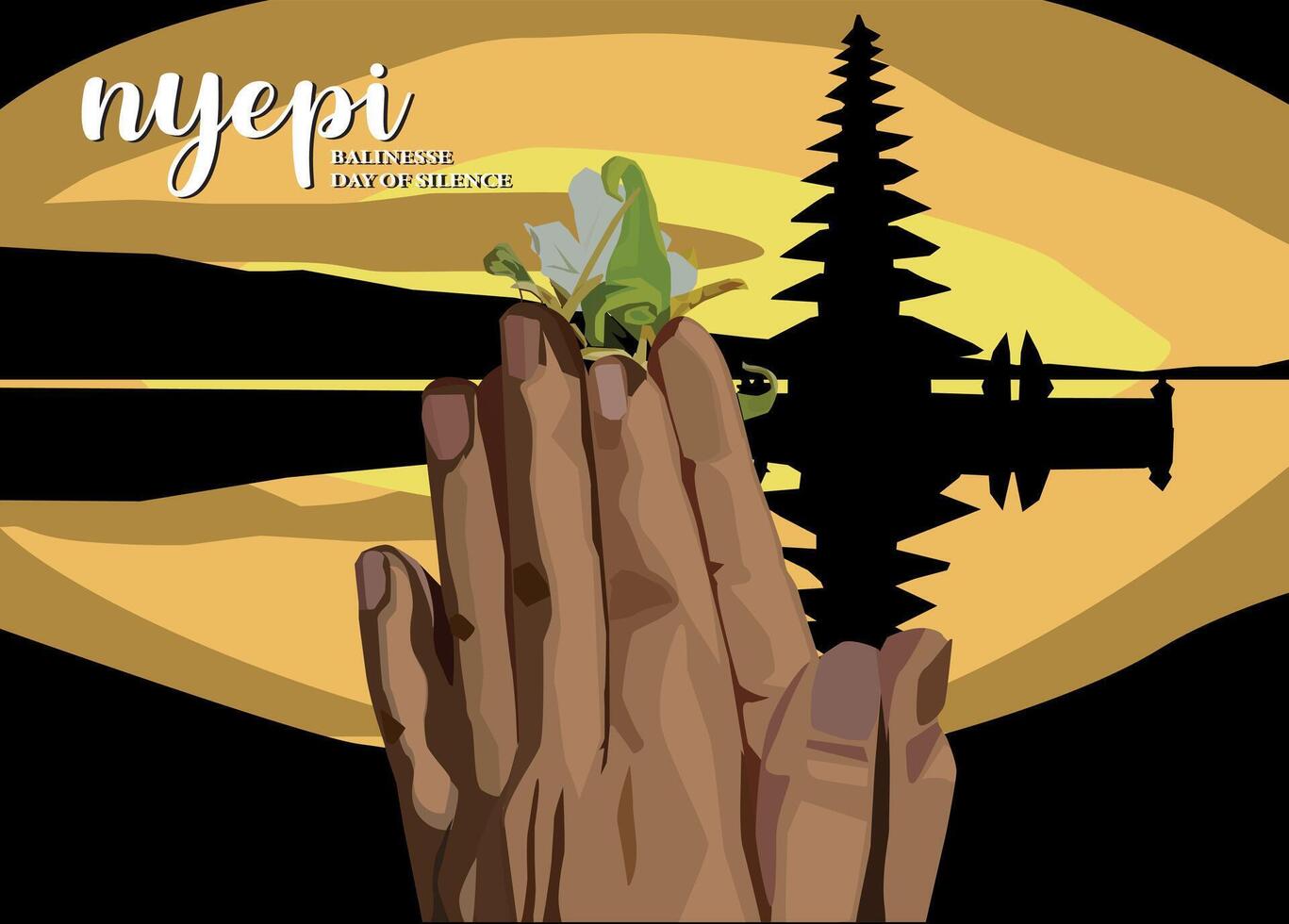 both hands holding plants of Balinese people celebrating Nyepi Hindu religious holiday with pure hindu temple background and beautiful island vector