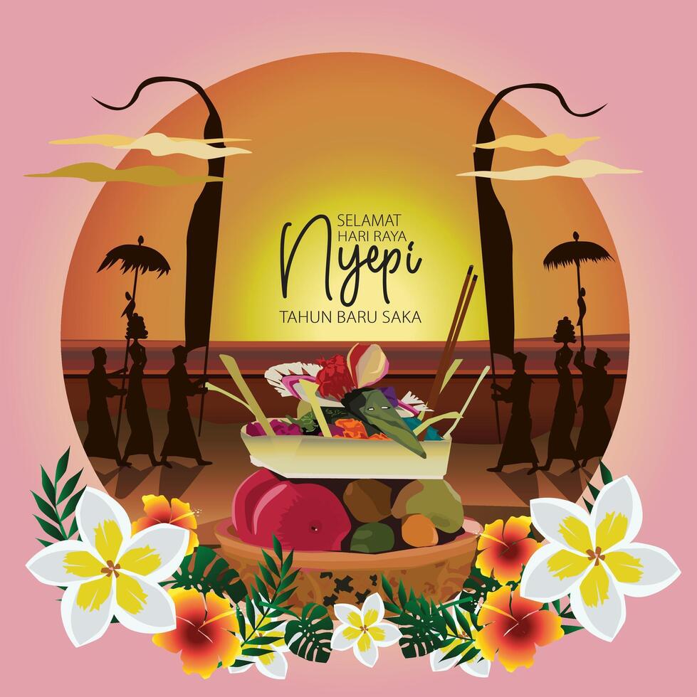 offerings of fruits vegetables of Balinese people carrying flag umbrellas and offerings to celebrate Nyepi Hindu religion beauty flower frame vector