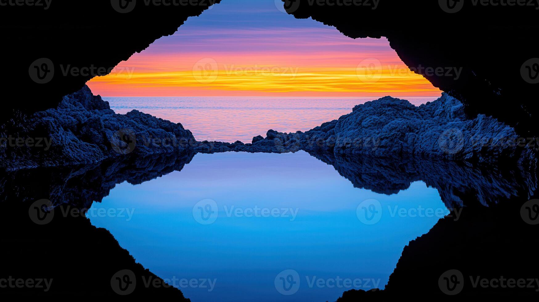 Serene Sunset View from a Coastal Cave Stunning ocean reflection at dusk photo