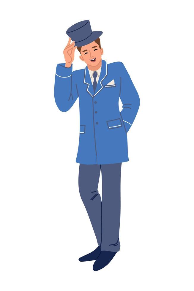 A man in a blue suit and hat . Doorman in a hotel isolated on a white background. vector