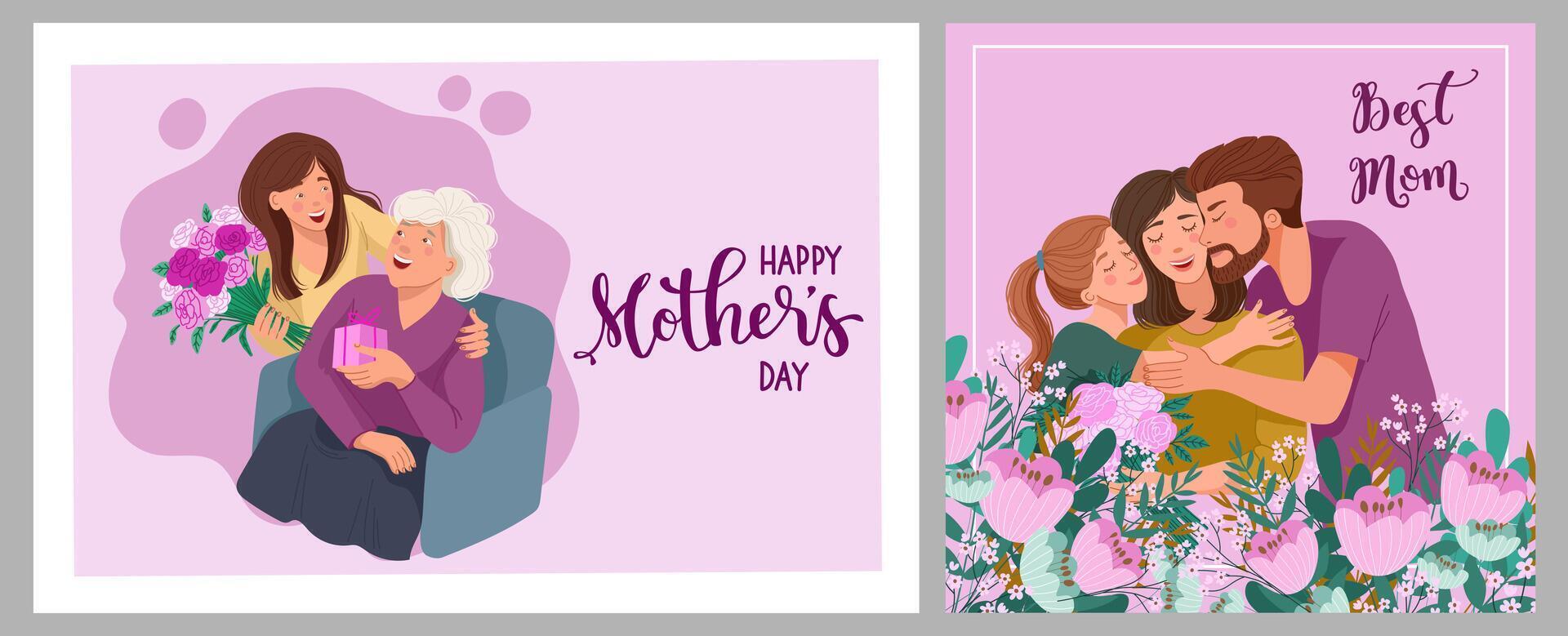 Set of cute cards for Mothers Day on pink background vector