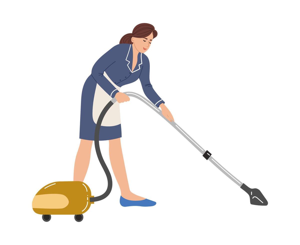 A woman in a blue uniform is cleaning a floor with a vacuum isolated on white background vector