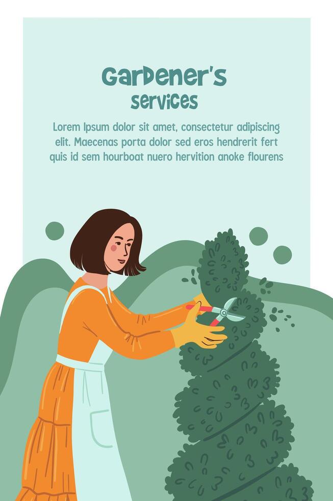 Vertical banner offering a gardening service. Woman trimming a thuja tree. vector
