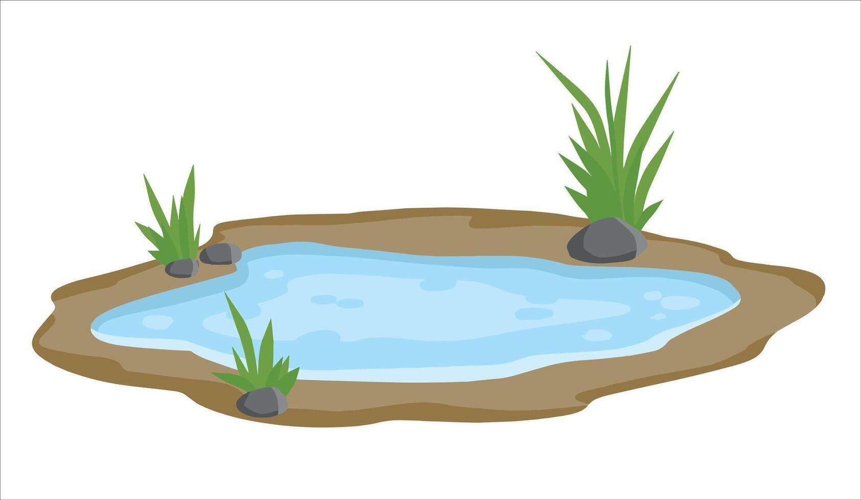 Pond and swamp. Background for illustration. Flat cartoon. Landscape with grass, stones. Platform and ground. Element of nature and forests and water vector
