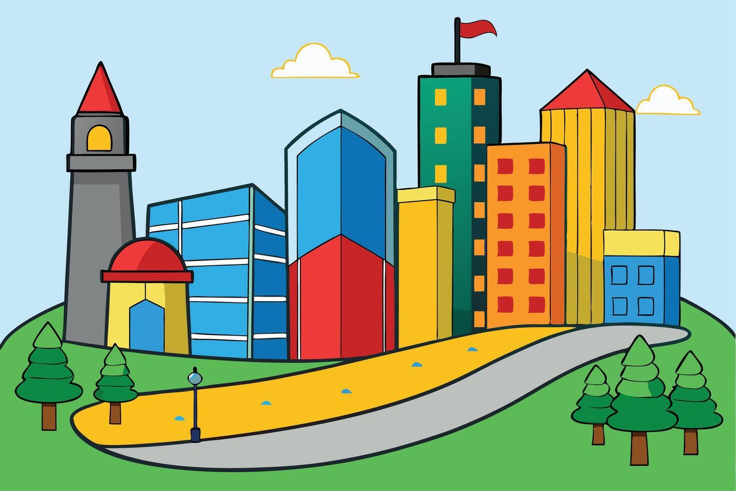 a city with a green grass and trees vector