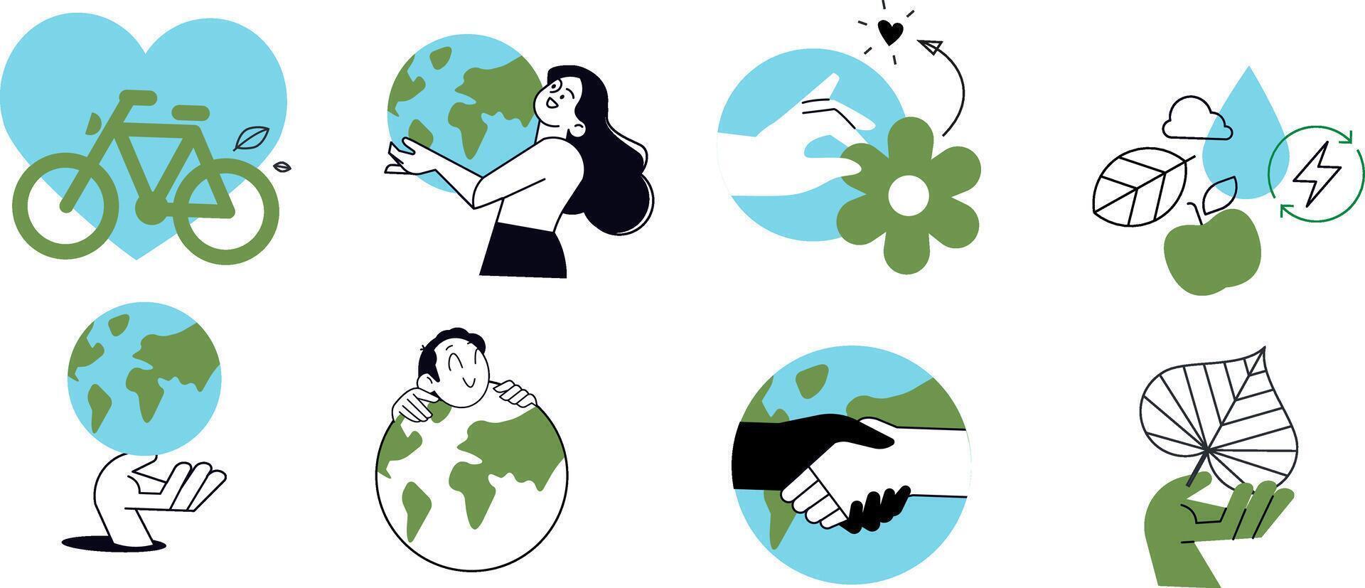 Set of people illustrations of ecology and environment, recycling, nature protection, renewable energy and sustainable technology. vector
