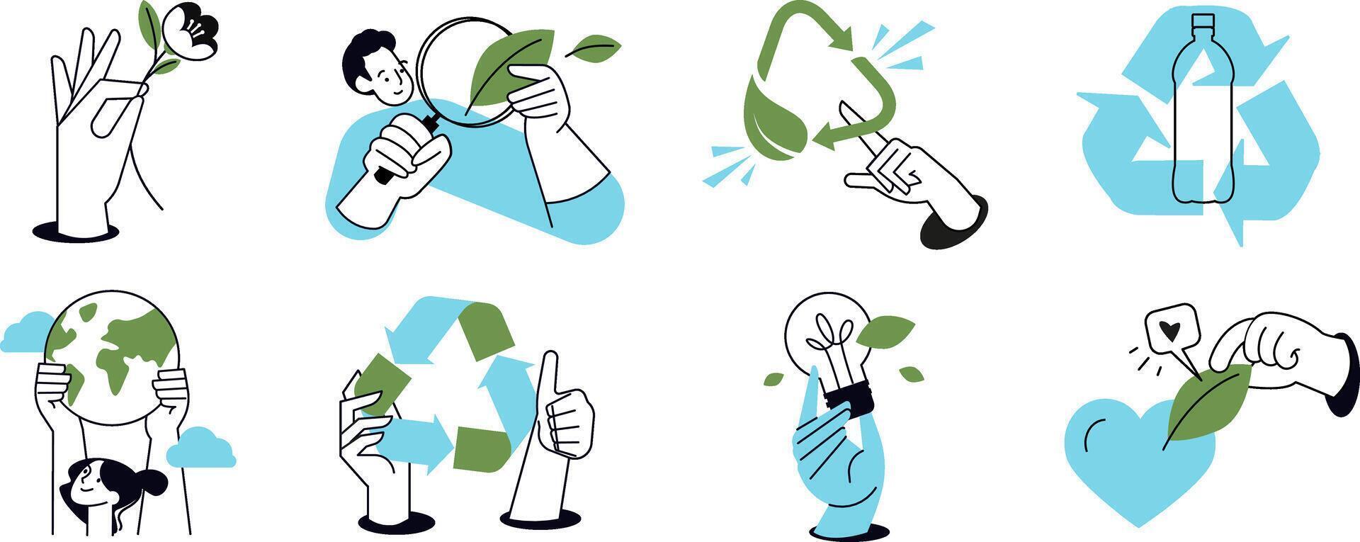 Set of people illustrations in various activities of ecology and environment, recycling, nature protection, renewable energy and sustainable technology. vector