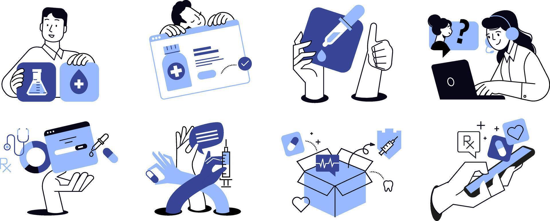 Healthcare and medical concept illustrations. Set of people illustrations in various activities of medicine, healthcare, medical diagnosis and treatment, pharmacy, online medical support. vector