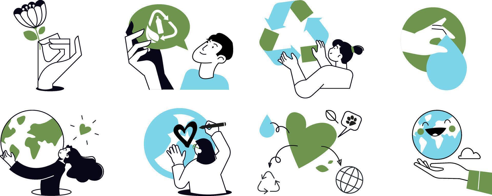 Nature and ecology concept illustrations. Set of people illustrations in various activities of ecology and environment, recycling, nature protection, renewable energy and sustainable technology. vector