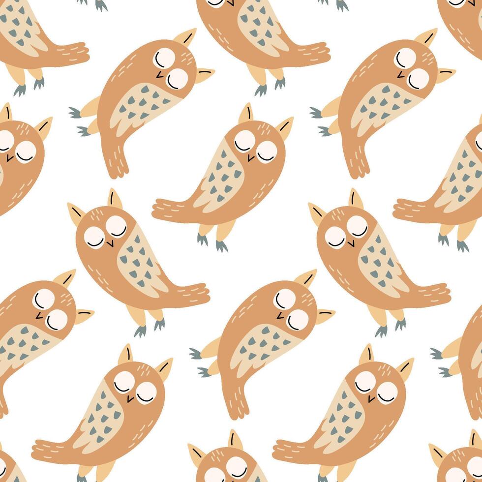 Seamless pattern of sleeping owls in a cute and cozy hand-drawn style, ideal for fabric, wallpaper, kids' designs, nursery decor, wrapping paper, and digital backgrounds. vector