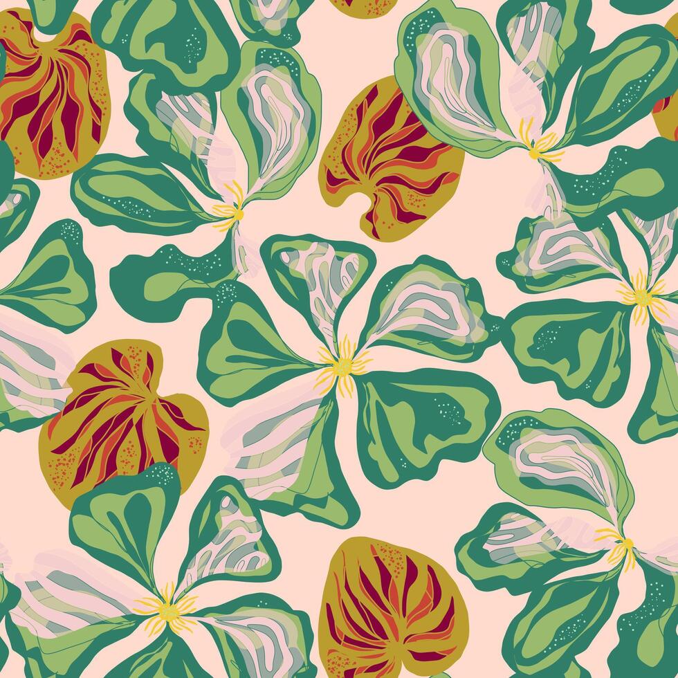 a pattern with green leaves and yellow flowers vector