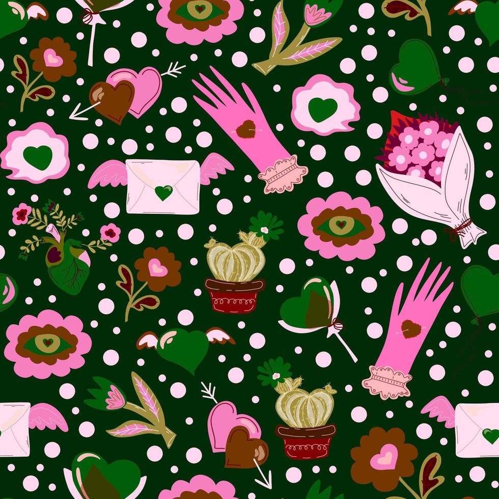 a pattern with hearts, flowers, and other items vector