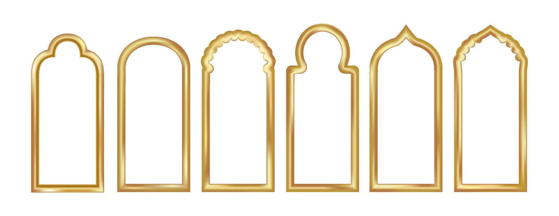Ramadan 3d gold arch frame. Golden arabesque window shape design for islamic eid background. Arabian mosque element with oriental border. Festive kareem label for traditional muslim decoration vector
