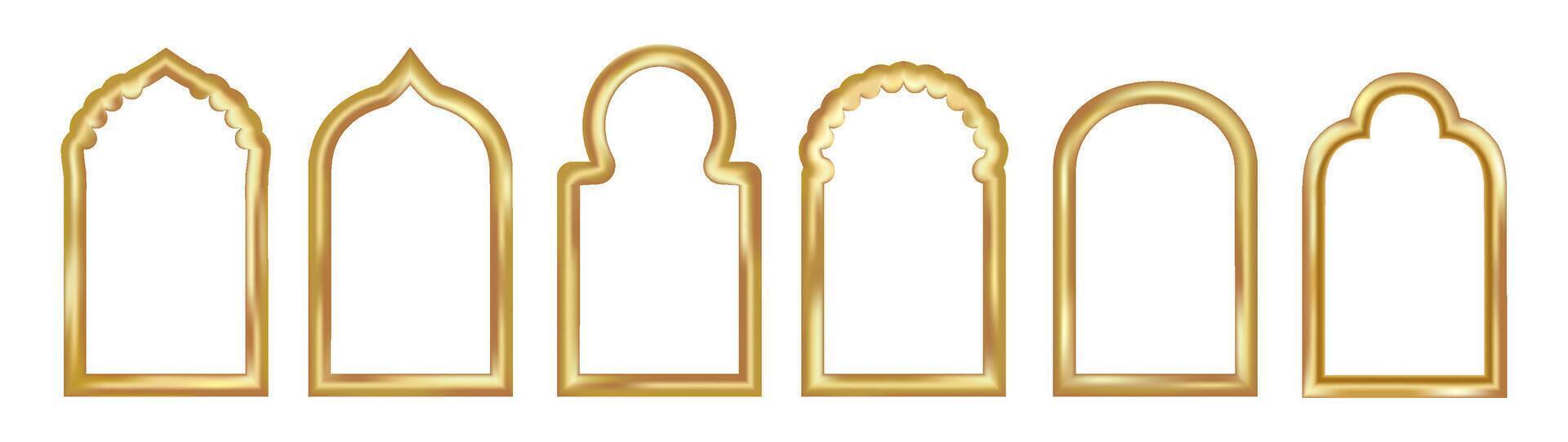 3d gold arch islamic eid set. Arabian mosque door or golden window element. Traditional muslim gate decoration with festive kareem label. Oriental border design for eastern ramadan frame vector