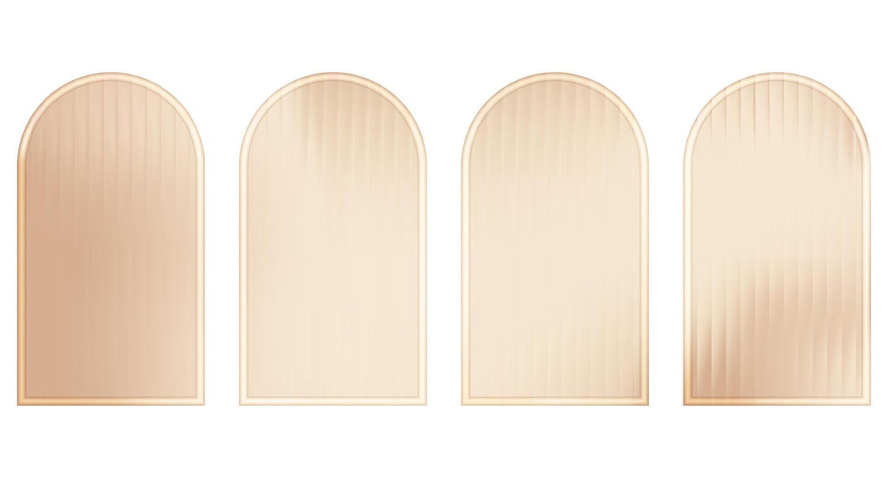 Ribbed glass arch wall with corrugated beige texture. Abstract brown pattern on glossy plastic plate. Gradient light across frosted panel and 3d podium. Gold circle stage set on white background vector