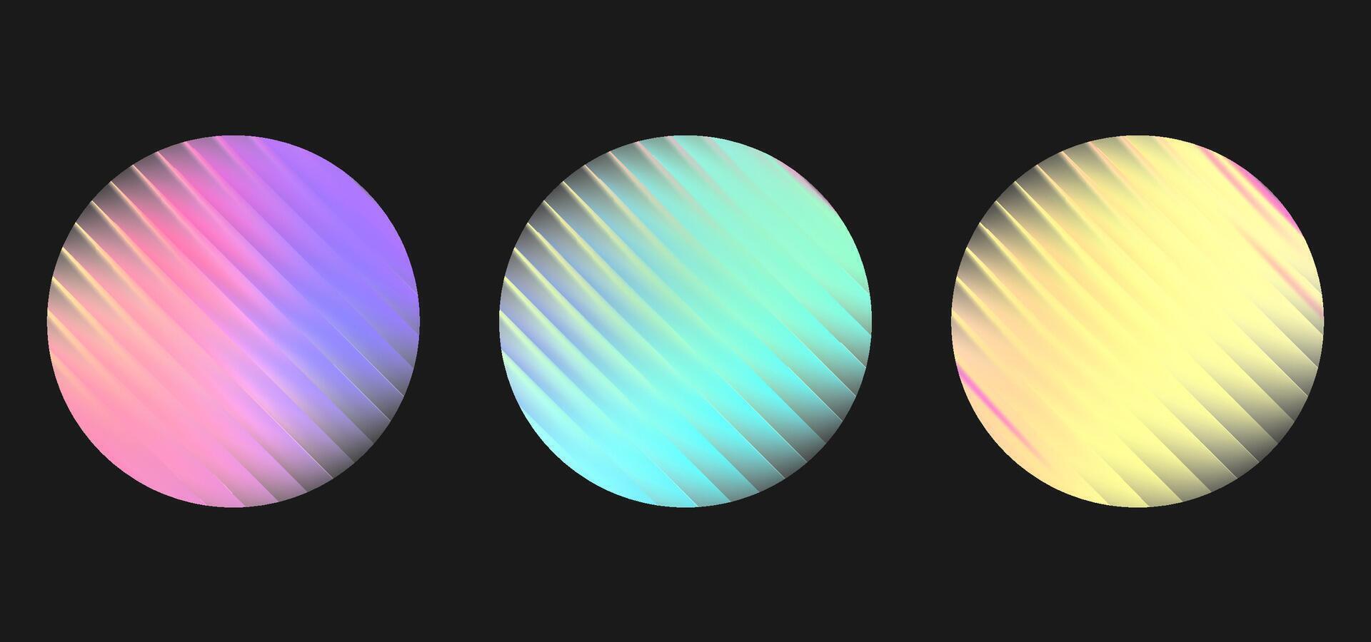 Corrugated glass circle with holographic effect. Frosted panel with gradient line on translucent surface. Glossy neon plate and ribbed label. 3d smooth vibrant frosted gradation set for background vector