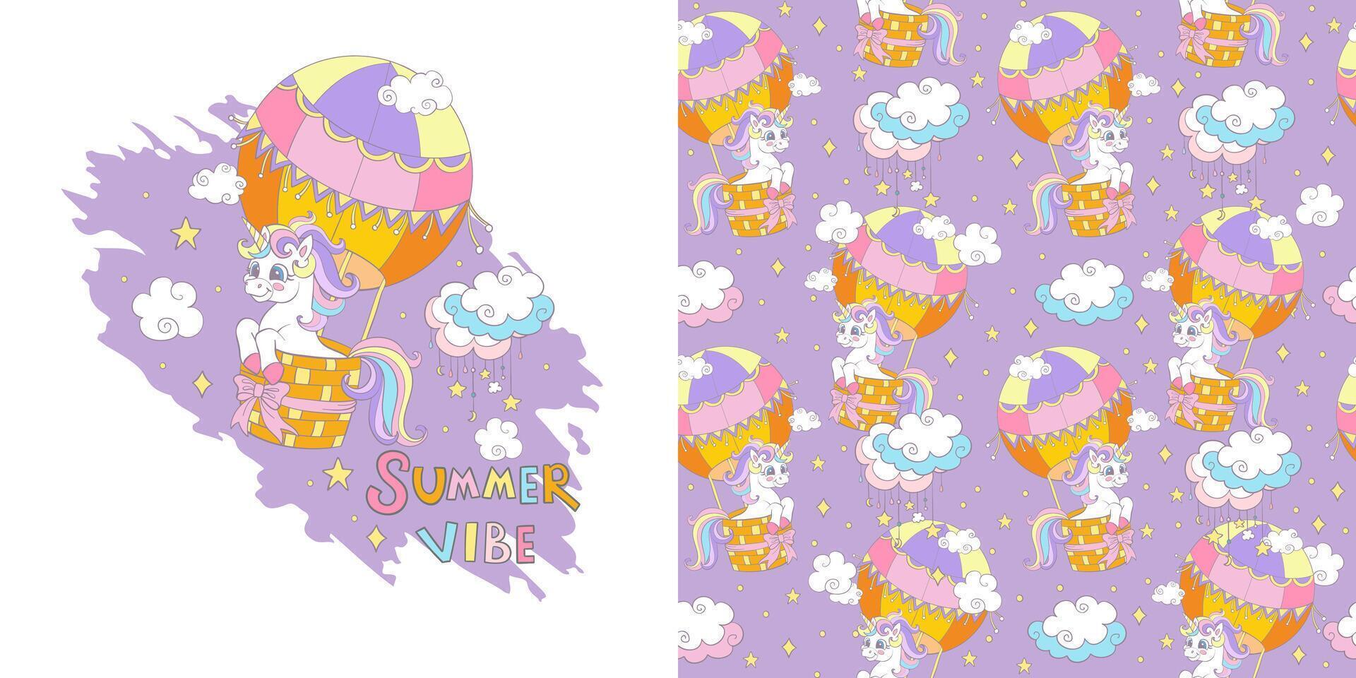Happy unicorn. Isolated illustration and seamless pattern with unicorns and magic elements. Set of magic horse and background. For kids clothes, fabrics, dishes, bed linen, print, design vector