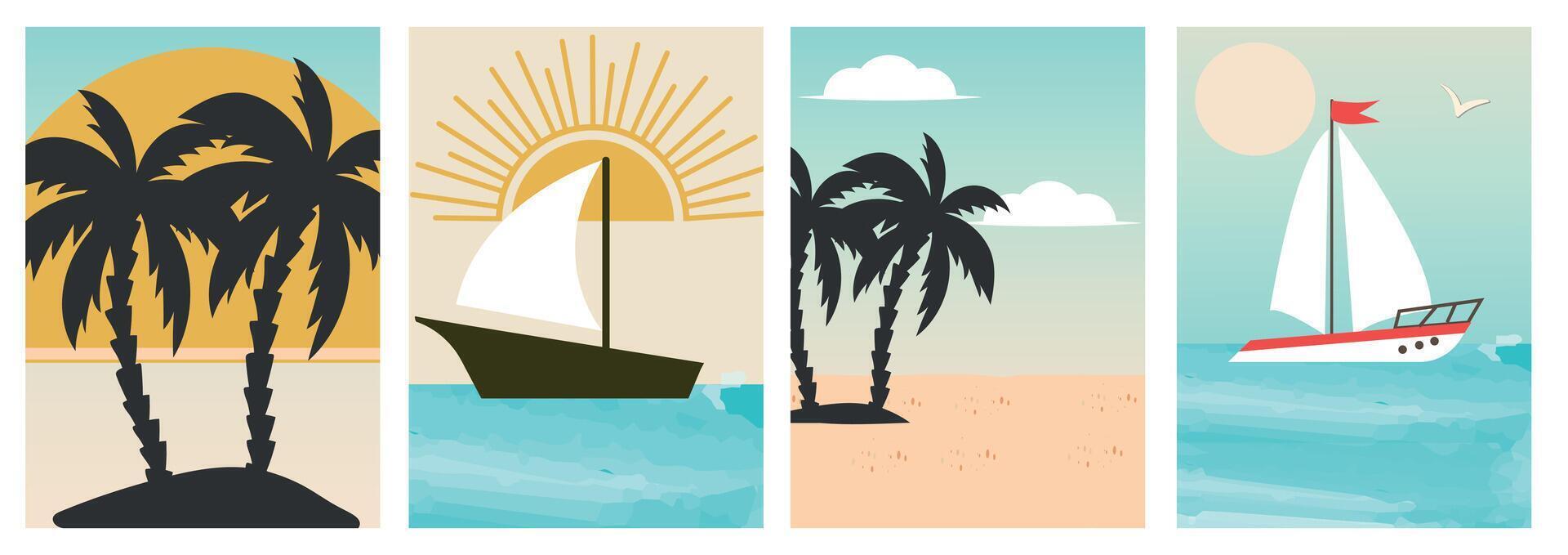 Set of tropical beach and sailing posters illustrations with palm trees, boats, sun, and ocean in flat style vector
