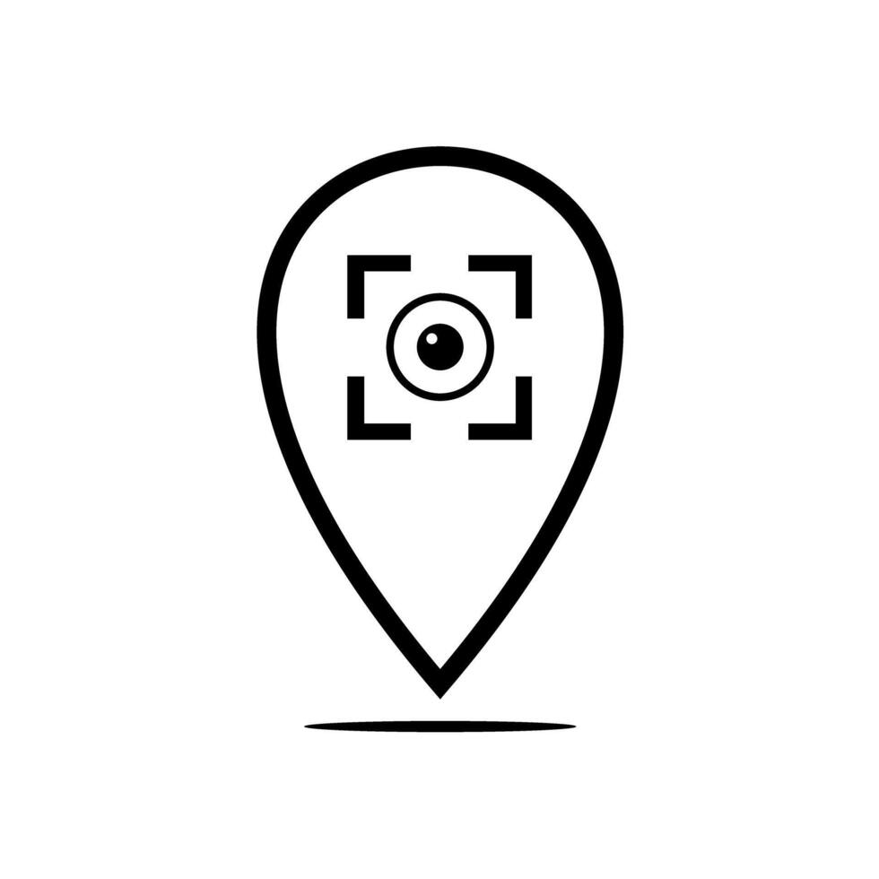 Location pin with a camera lens logo design. Security camera icon, photography store emblem, surveillance technology symbol, GPS tracking, and digital photography business branding illustration. vector