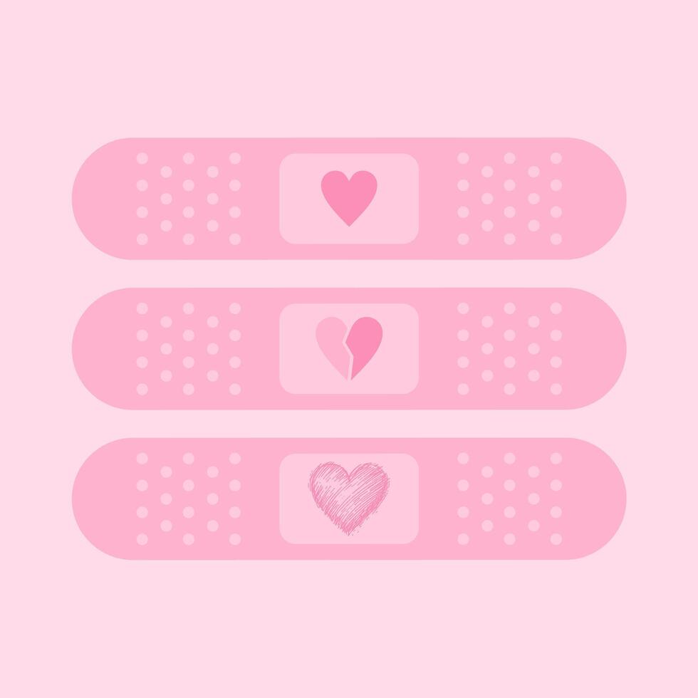 Three pink band-aids with heart shapes. Minimalist design featuring broken, sketched, and solid heart styles. Cute and aesthetic medical patch illustration for love, healing, and self-care concepts. vector