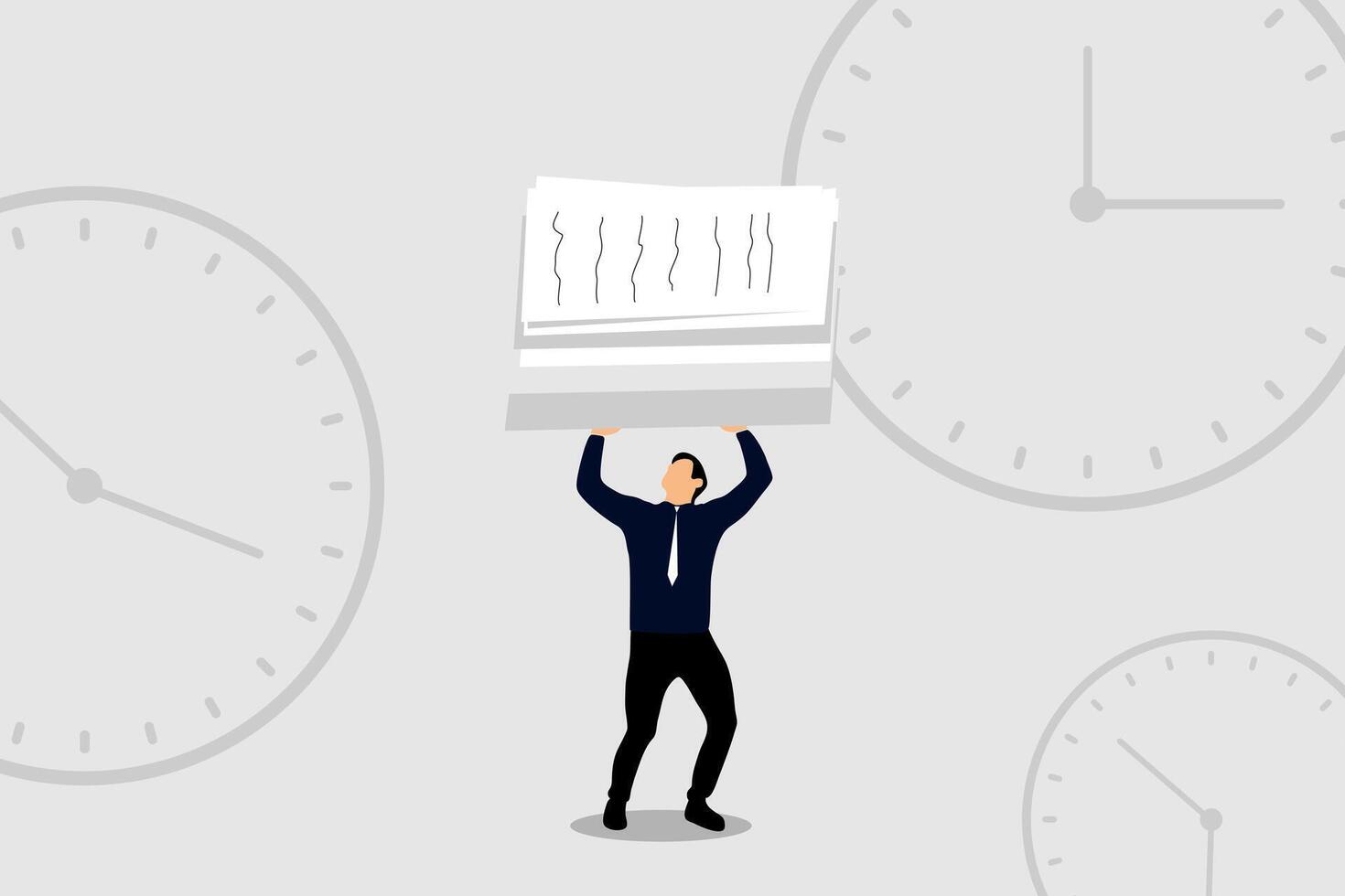 Minimalist illustration of a businessman in a suit and tie holding a large stack of documents over his head. Background features multiple clock illustrations, symbolizing time pressure and work vector