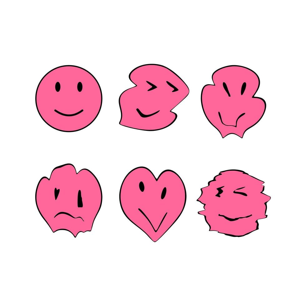 Pink melting smiley face emoji set. Distorted smiley emoji collection, wavy face expressions, surreal emoticon design, drippy aesthetic, abstract smiley icons, trippy digital illustration. vector