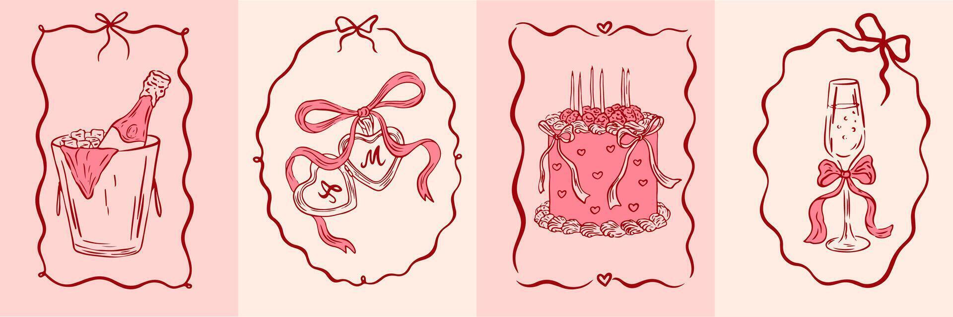 Vintage greeting cards for Valentine's Day in coquette style. Hand drawn whimsical frames with elegant bows and ribbons. Template for poster, banner, wedding invitation, birthday card. illustration,, vector